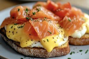 Delicious toast with smoked salmon and poached egg covered with holland sauce photo
