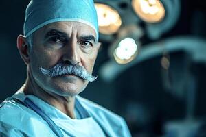 Senior surgeon with mustache wearing surgical scrubs posing in operating room photo