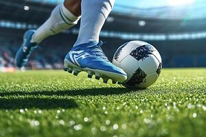 Soccer player running with ball on field during match photo