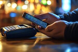 Customer using smartphone to make nfc payment in restaurant photo