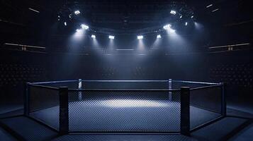 Empty ufc octagon awaiting fighters in a dark arena illuminated by spotlights photo