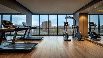 Modern empty gym with a view of the city through large windows photo