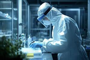 Scientist wearing hazmat suit working with samples in a laboratory photo
