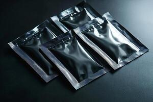 Black sachets packaging lying on a dark background photo