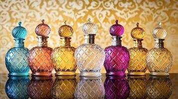 Elegant collection of vintage perfume bottles displayed photo