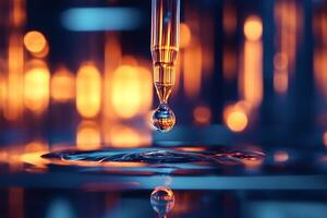 Pipette dropping a transparent drop into liquid creating ripples with blurred photo