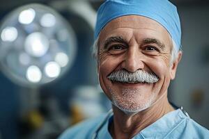 Portrait of a smiling and confident senior surgeon in the operating room photo