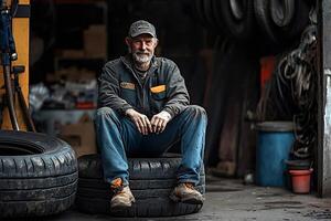 Senior mechanic taking a break sitting on tire in his workshop photo