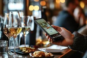 Sommelier choosing wine using app on smartphone in restaurant photo