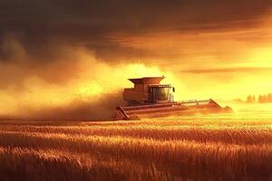 Combine harvester working in wheat field at sunset photo