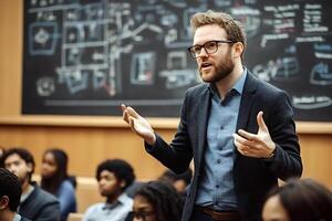 University professor explaining lesson to students in classroom photo