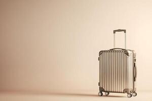 Modern suitcase standing on beige background symbolizing travel and adventure photo