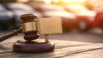 Judge gavel and empty sign resting on table suggesting car auction or impound photo