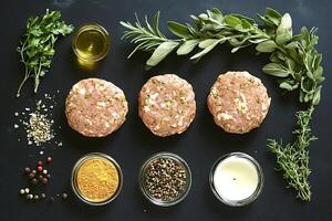 Raw meat patties with herbs and spices on black background photo