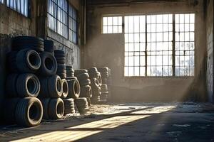 Sunlight streaming through abandoned warehouse windows photo