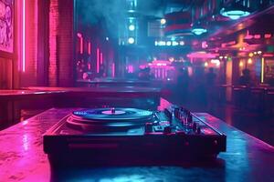 Dj set playing music in empty nightclub with colorful lighting photo