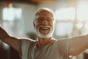 Elderly man joyfully embracing life with a smile photo