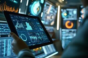 It specialist holding tablet computer showing graphs and statistics in room photo