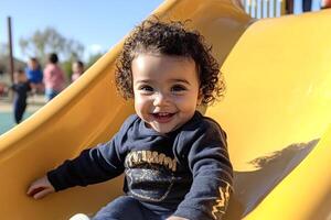 Happy baby girl sliding down yellow slide at playground photo
