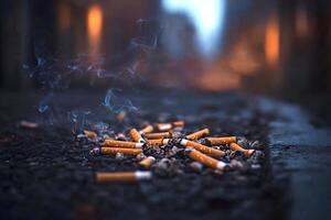 Cigarette butts and smoke creating air pollution on the street photo