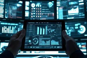 Businessman using tablet showing graphs and charts on multiple screens photo