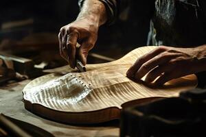 Luthier carefully crafting soundboard of string instrument in workshop photo