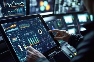 Trader analyzing graphs and charts on digital screens and tablet in control room photo