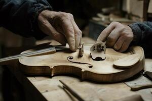 Luthier carefully assembling bridge of handmade violin in workshop photo