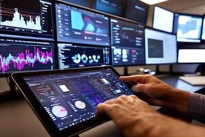 Stock trader analyzing graphs and charts on computer and tablet screens photo