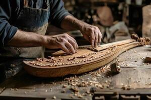 Craftsman working on gusle, traditional balkan string instrument, in workshop photo