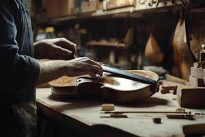Luthier carefully placing bridge on handmade viola in workshop photo