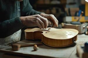 Luthier carefully repairing bridge of string instrument in workshop photo