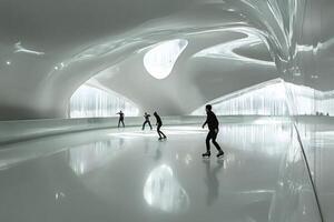 People skating in futuristic ice rink with modern white architecture photo