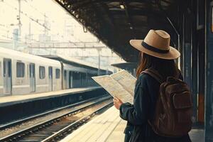 Tourist reading map on train platform photo