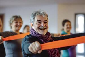 Senior man smiling and stretching with resistance band in rehab photo