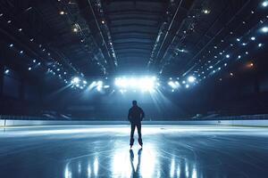 Ice skater standing on ice rink in empty arena with bright lights photo