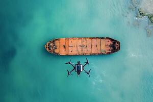 Drone capturing aerial view of rusty shipwreck photo