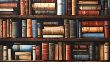 Old books resting on wooden bookshelves in a library, centuries of knowledge photo