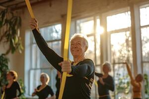 Senior man smiling and exercising with resistance band in gym class photo