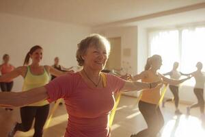 Senior woman enjoying exercise class with resistance band photo