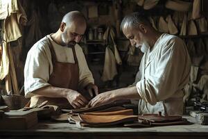 Medieval cobblers working leather in traditional workshop photo