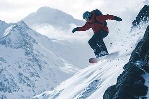 Snowboarder jumping from a cliff in snowy mountains photo