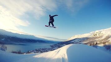 Snowboarder jumping with snowy mountains and fjord in background photo