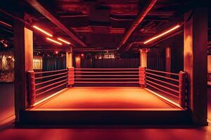 Empty boxing ring illuminated by red lights in underground venue photo