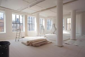 Construction workers renovating empty office space with ladders and materials photo