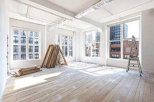 Empty room undergoing renovation with construction materials and ladder photo