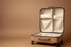 Modern suitcase open and ready for packing on brown background photo