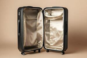 Open empty suitcase on wheels getting ready for travel photo