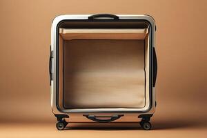 Empty suitcase standing on brown background symbolizing new adventures photo