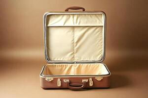 Open empty vintage suitcase on brown background symbolizing travel and journey photo